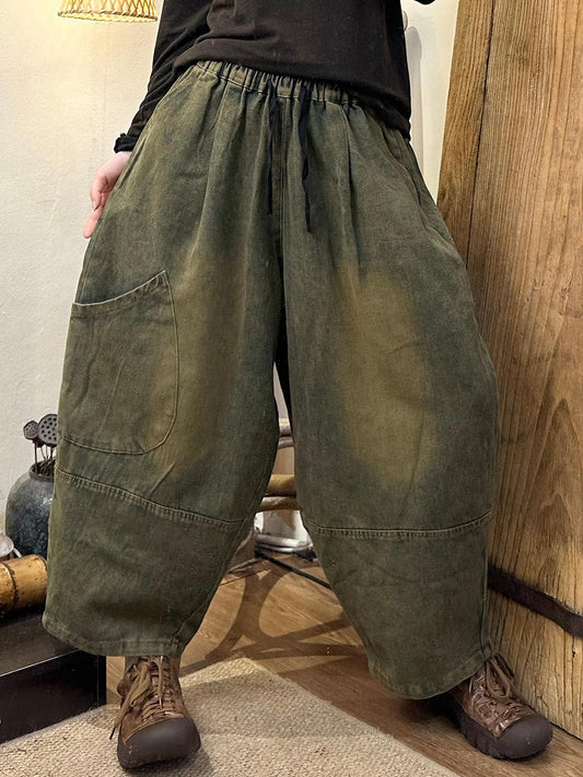 Women Autumn Retro Solid Denim Pocket Harem Pants