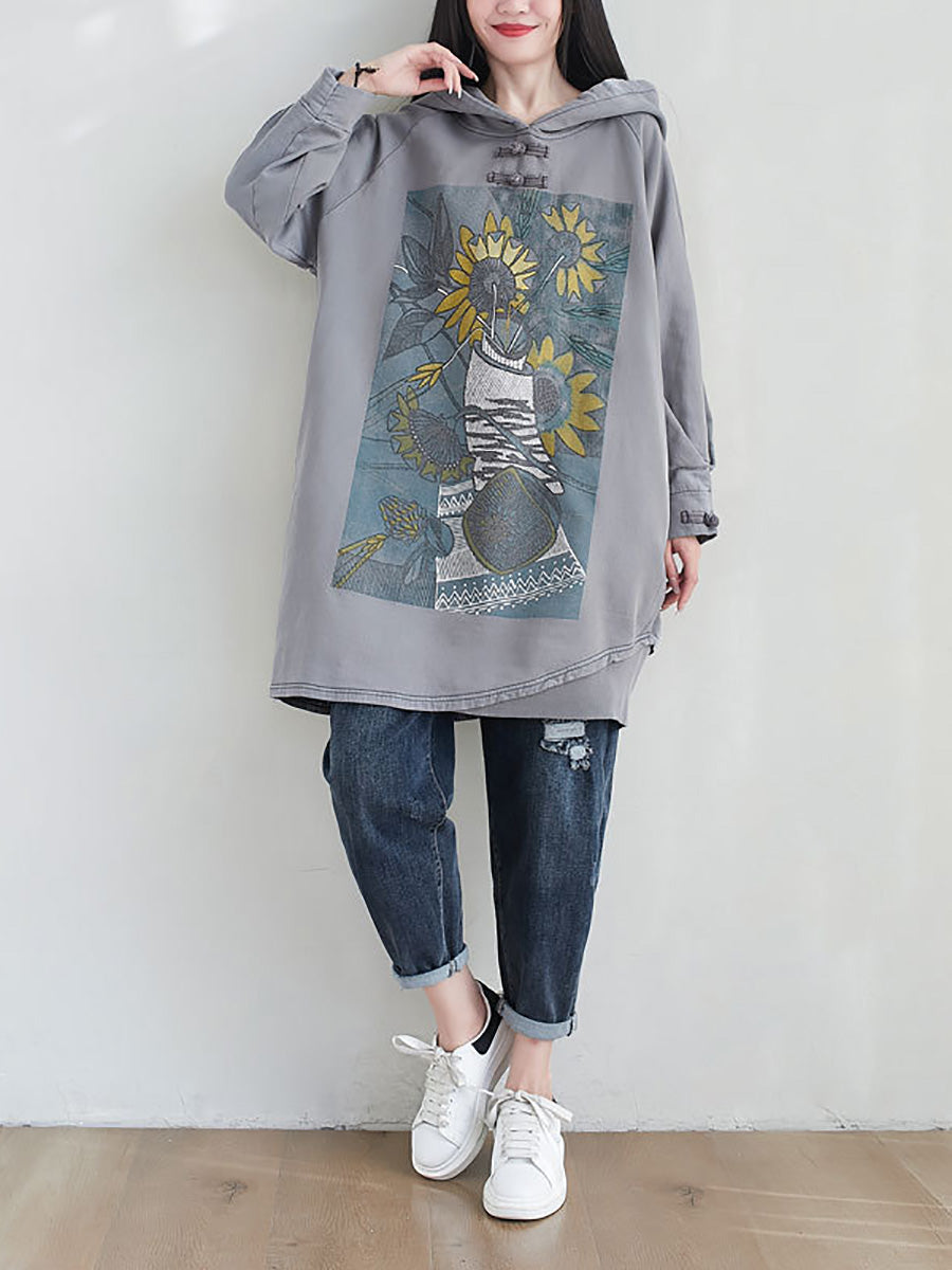 Women Artsy Autumn Sunflower Spliced Hooded Cotton Dress