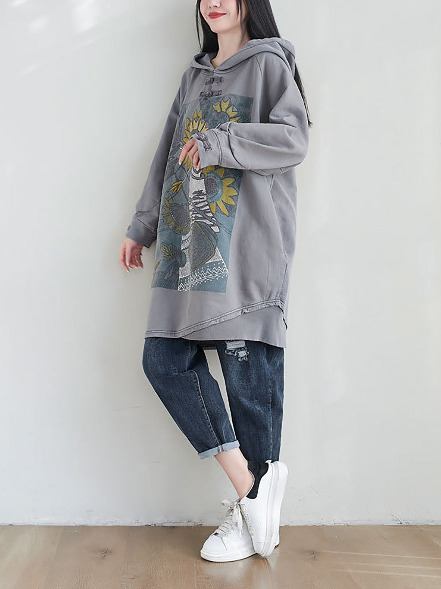 Women Artsy Autumn Sunflower Spliced Hooded Cotton Dress