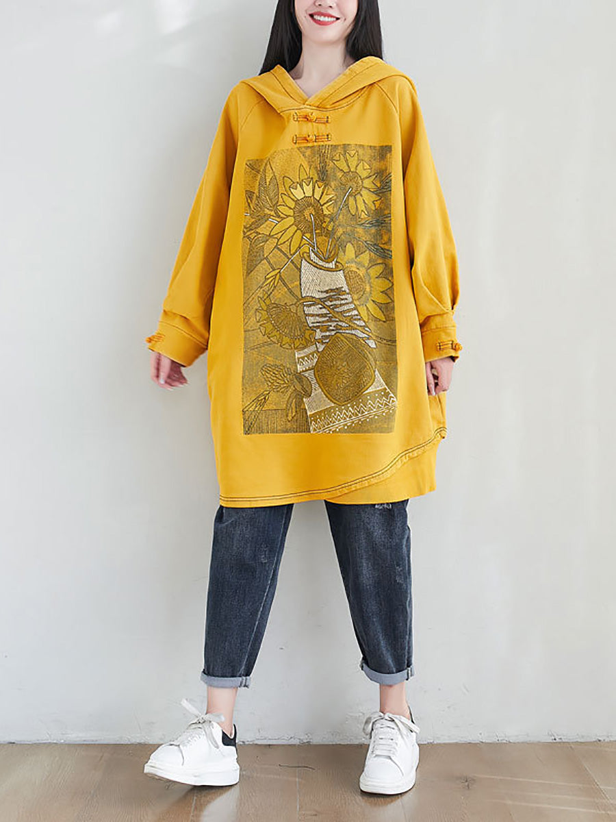 Women Artsy Autumn Sunflower Spliced Hooded Cotton Dress