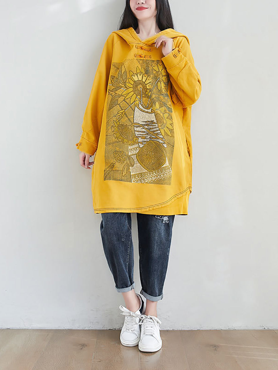 Women Artsy Autumn Sunflower Spliced Hooded Cotton Dress