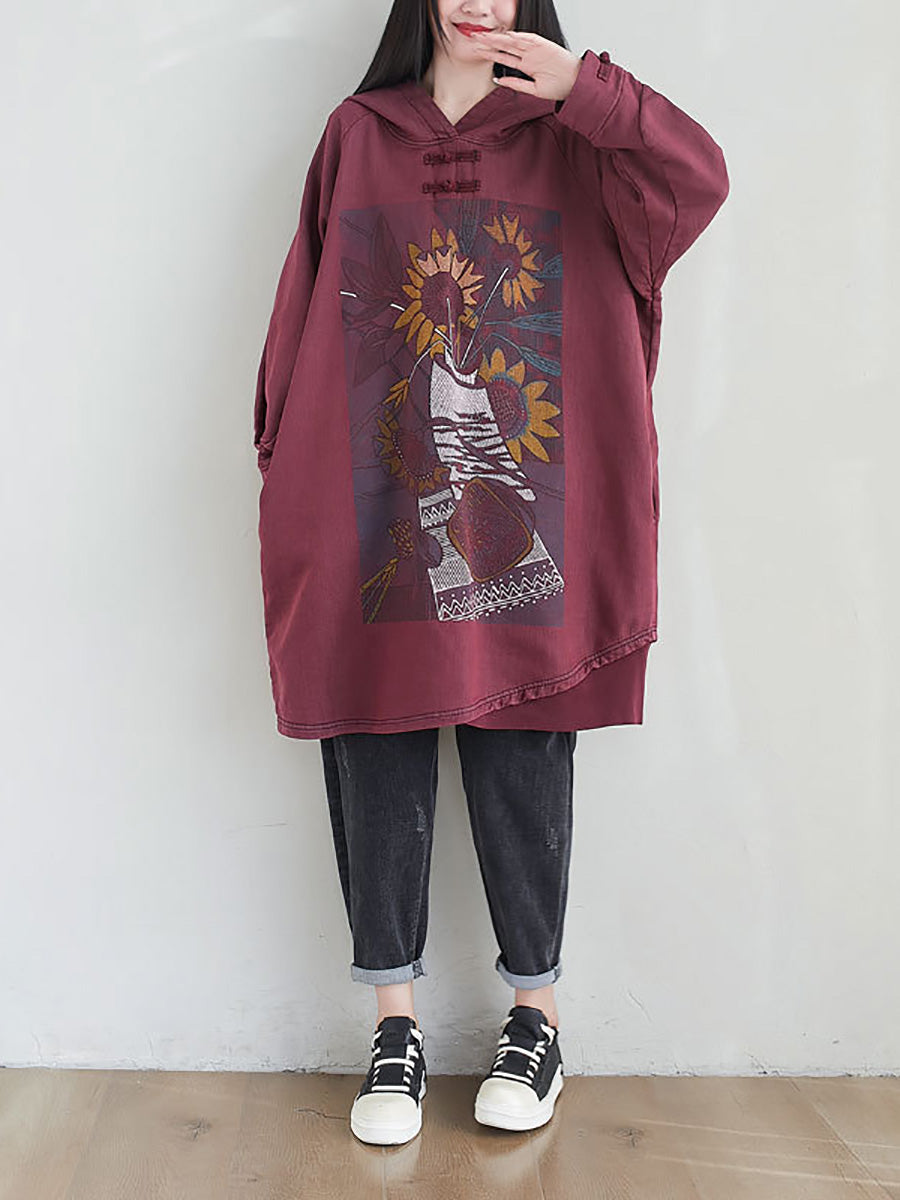 Women Artsy Autumn Sunflower Spliced Hooded Cotton Dress