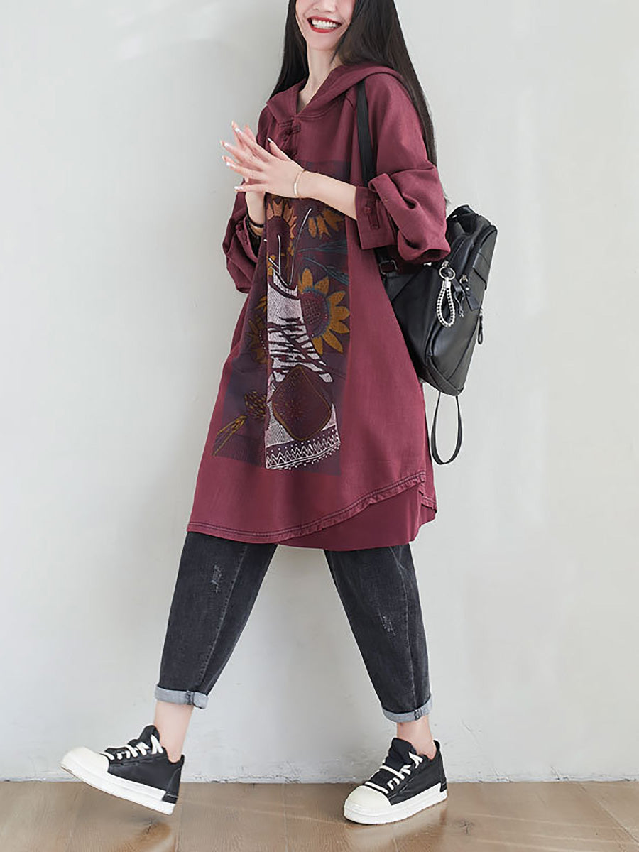 Women Artsy Autumn Sunflower Spliced Hooded Cotton Dress