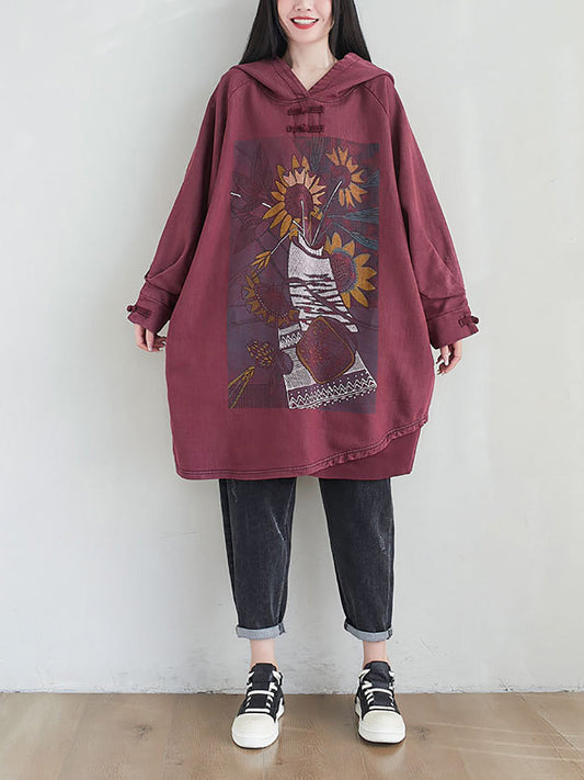 Women Artsy Autumn Sunflower Spliced Hooded Cotton Dress