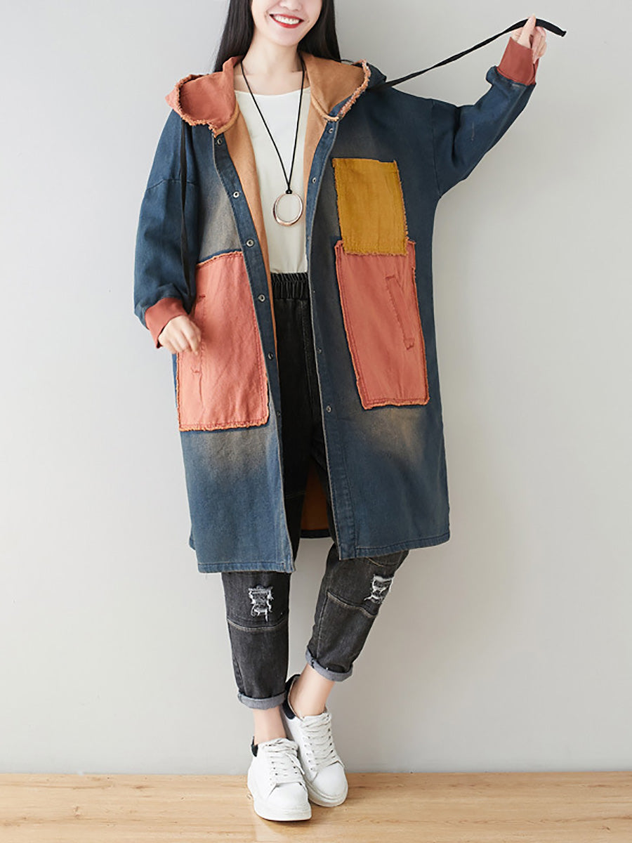 Women Autumn Artsy Colorblock Denim Hooded Coat