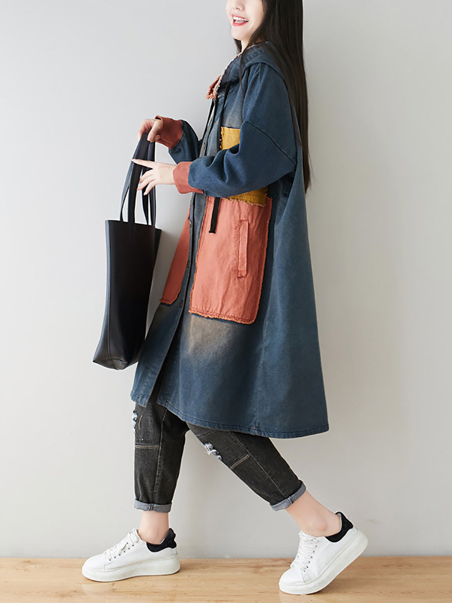 Women Autumn Artsy Colorblock Denim Hooded Coat