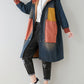 Women Autumn Artsy Colorblock Denim Hooded Coat