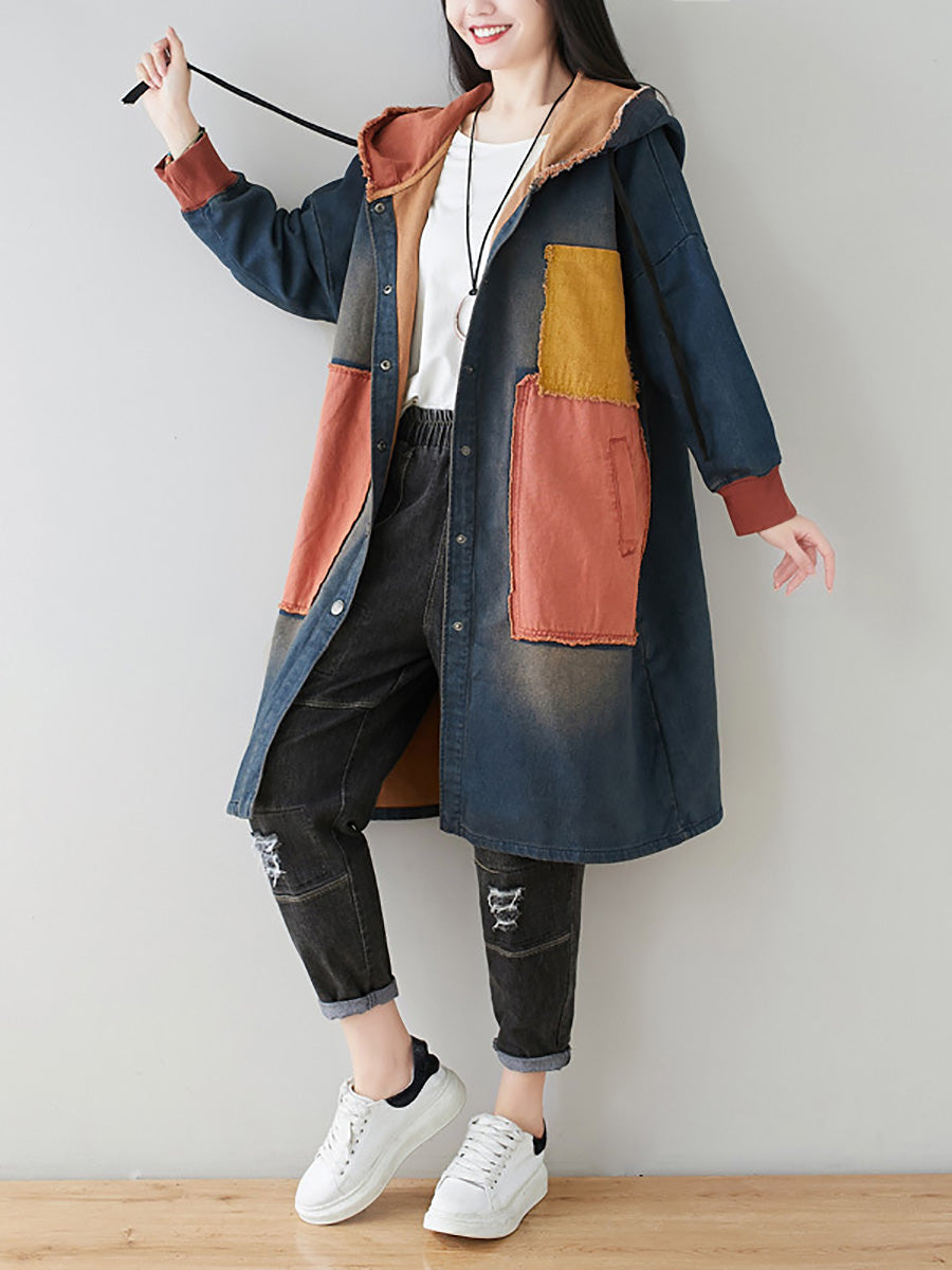 Women Autumn Artsy Colorblock Denim Hooded Coat