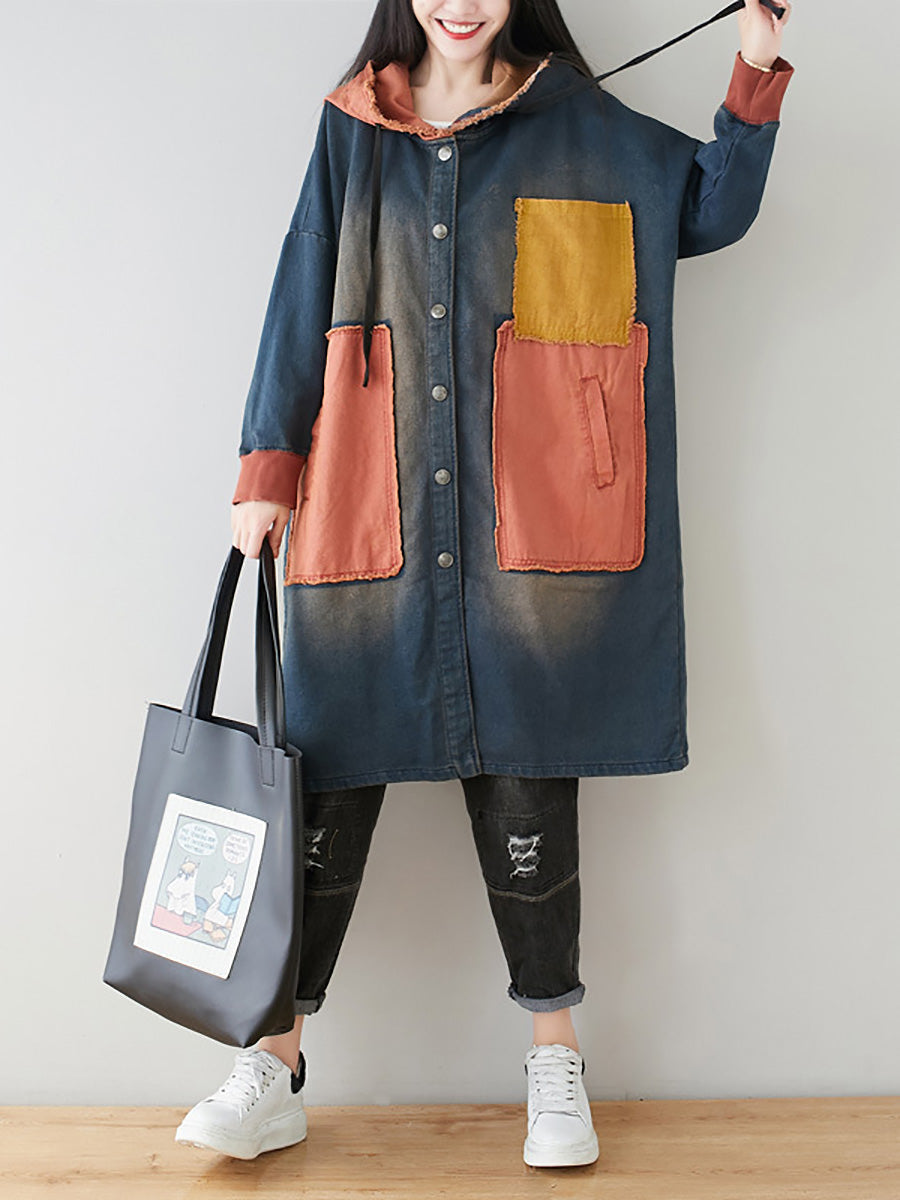 Women Autumn Artsy Colorblock Denim Hooded Coat