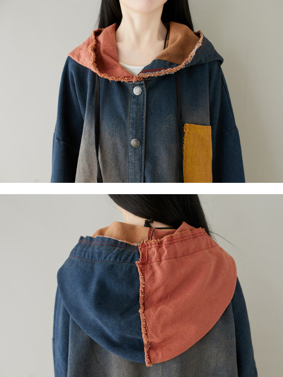 Women Autumn Artsy Colorblock Denim Hooded Coat