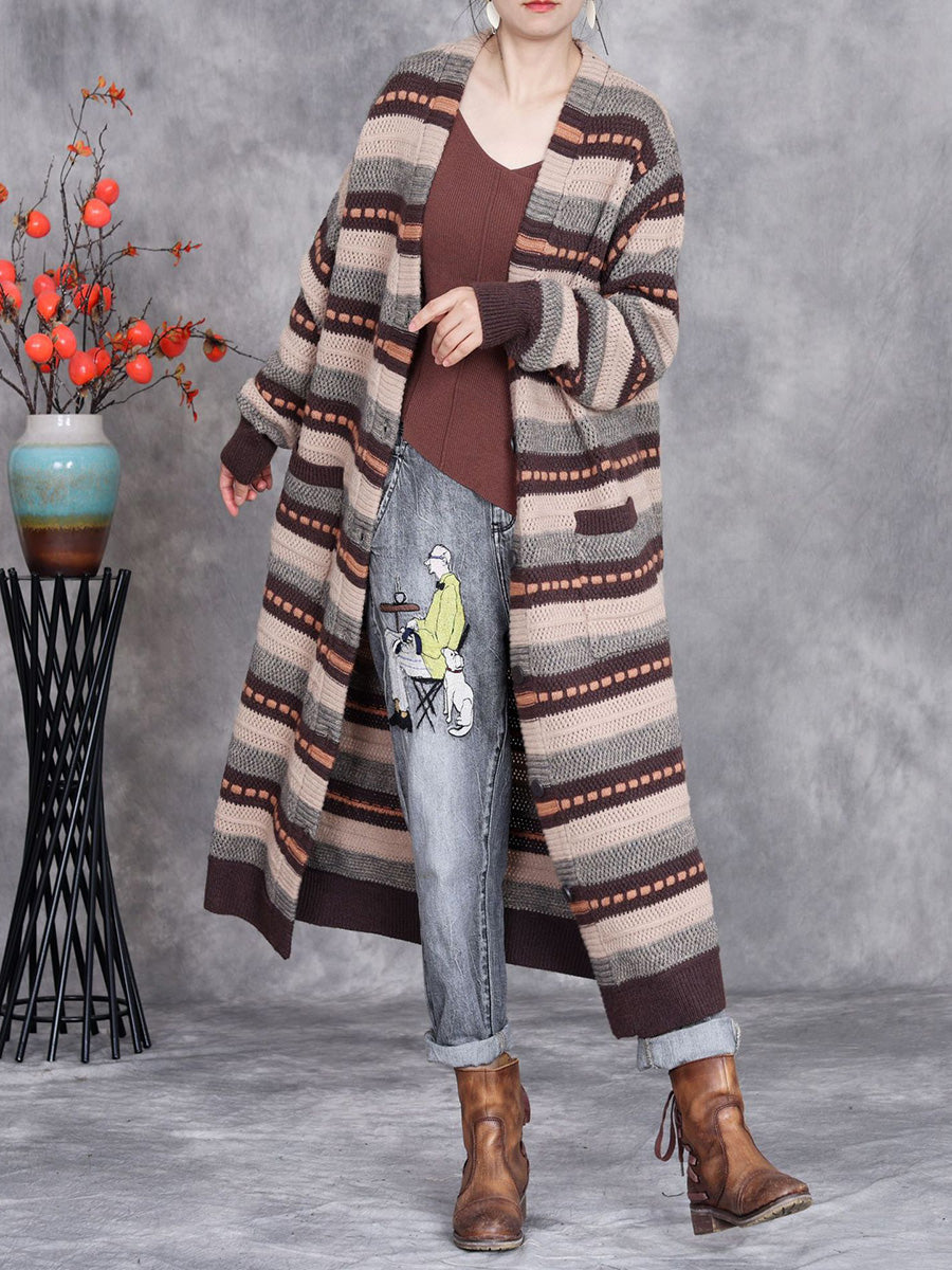 Women Autumn Lazy Stripe Knitted Cardigan Coat