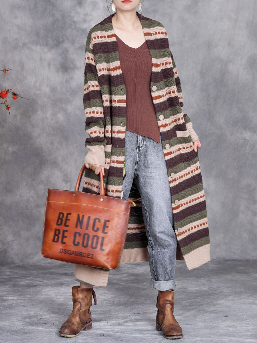 Women Autumn Lazy Stripe Knitted Cardigan Coat