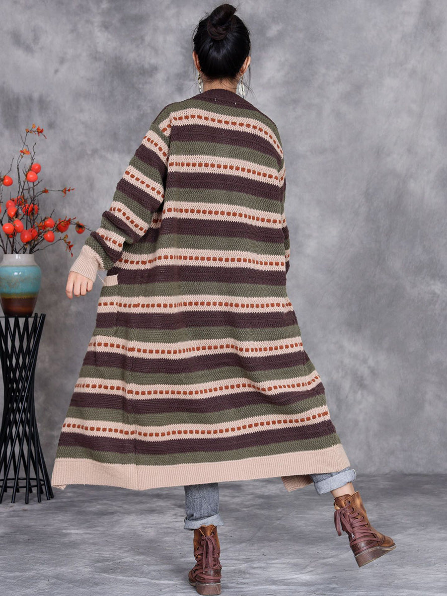 Women Autumn Lazy Stripe Knitted Cardigan Coat