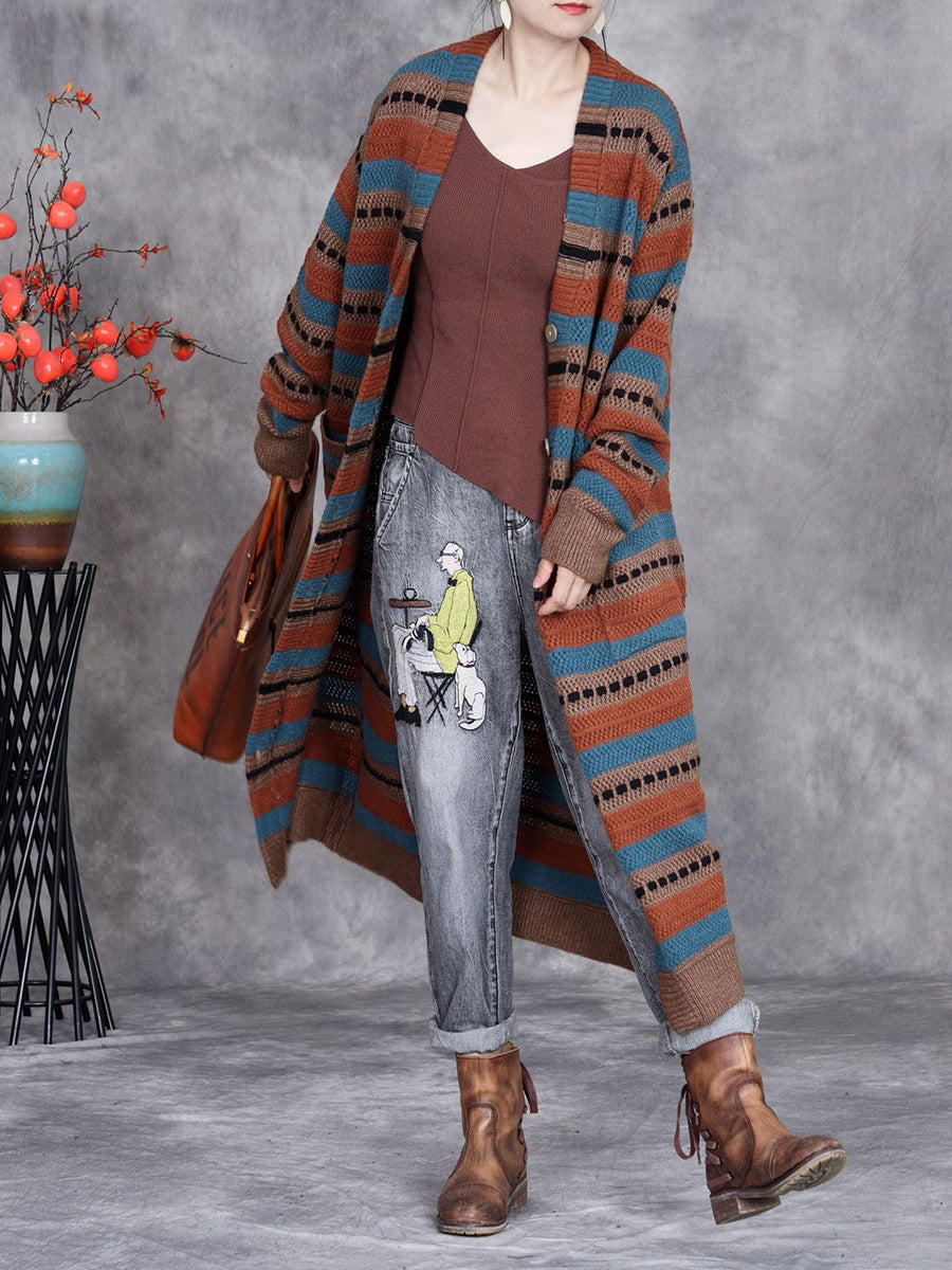 Women Autumn Lazy Stripe Knitted Cardigan Coat