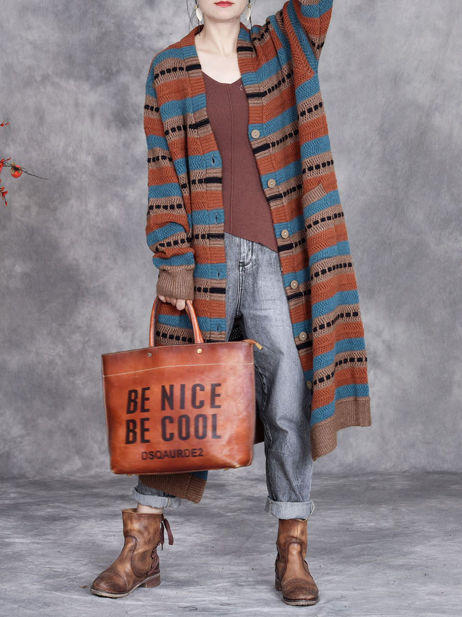 Women Autumn Lazy Stripe Knitted Cardigan Coat