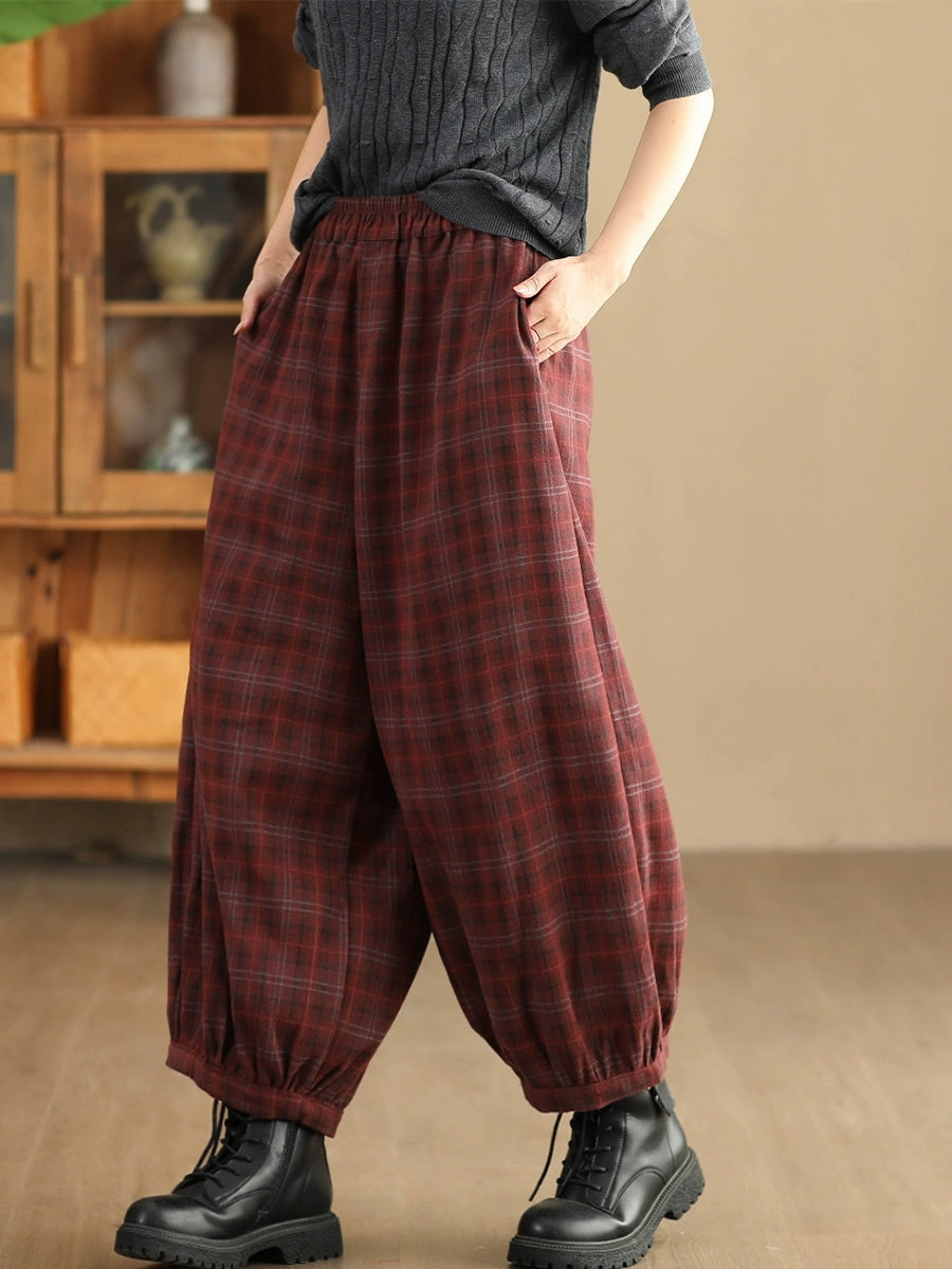 Women Autumn Casual Plaid Warm Harem Pants