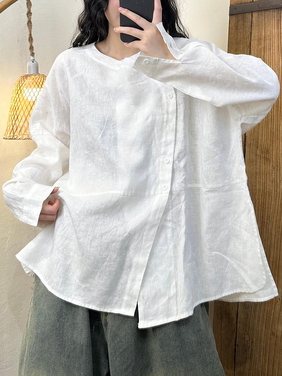 Women Autumn Casual Solid Slant Closure Linen Shirt