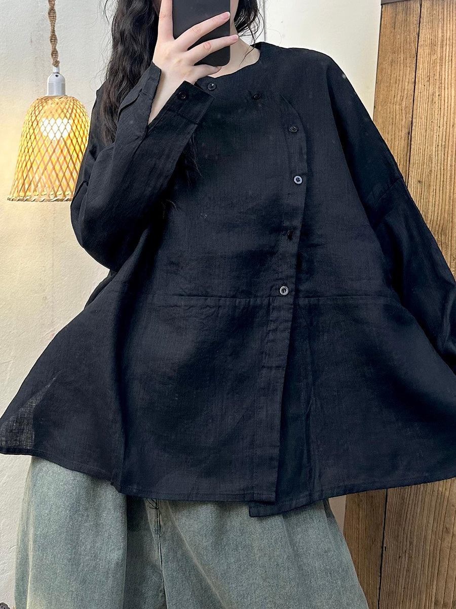 Women Autumn Casual Solid Slant Closure Linen Shirt