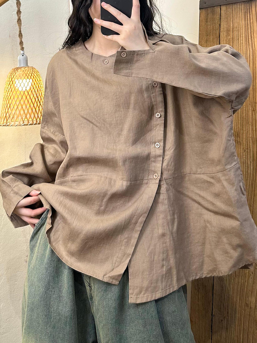 Women Autumn Casual Solid Slant Closure Linen Shirt