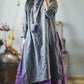 Women Vintage Autumn Solid O-Neck Buckle Linen Dress