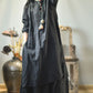 Women Vintage Autumn Solid O-Neck Buckle Linen Dress