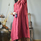 Women Vintage Autumn Solid O-Neck Buckle Linen Dress