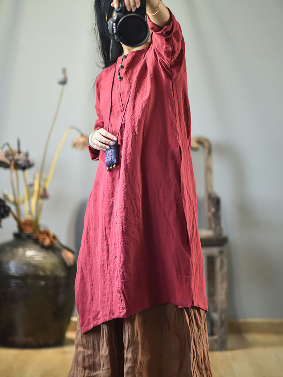 Women Vintage Autumn Solid O-Neck Buckle Linen Dress