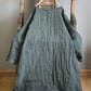 Women Vintage Autumn Solid O-Neck Buckle Linen Dress