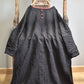 Women Vintage Autumn Solid O-Neck Buckle Linen Dress