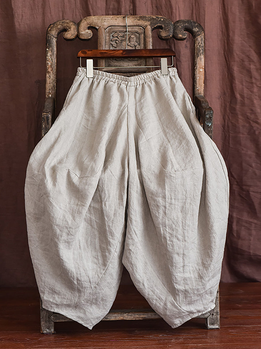 Women Autumn Rero Solid Linen Loos Bloomers