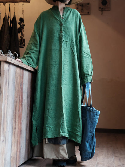 Women Autumn Vintage Green O-Neck Linen Robe Dress