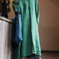 Women Autumn Vintage Green O-Neck Linen Robe Dress