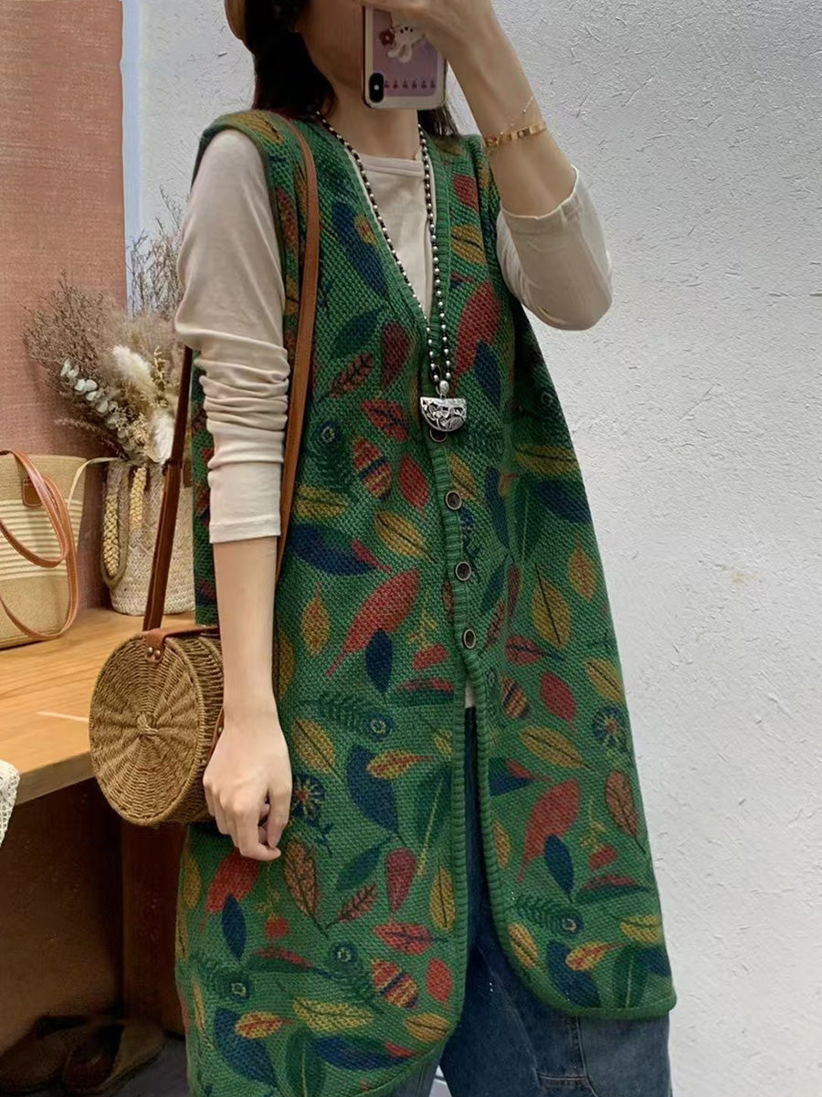 Women Autumn Artsy Leaf Print Knit V-Neck Vest Coat