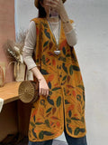 Women Autumn Artsy Leaf Print Knit V-Neck Vest Coat