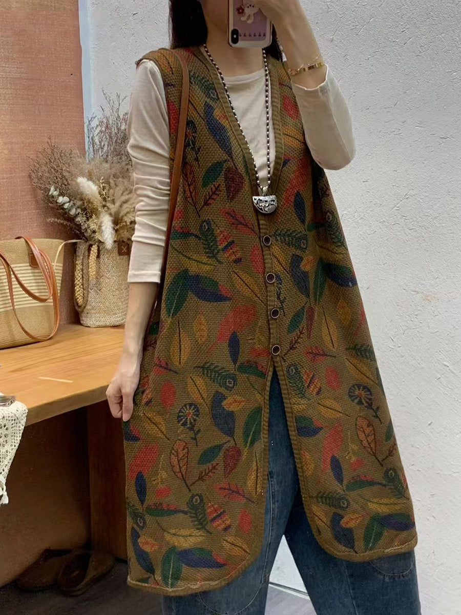 Women Autumn Artsy Leaf Print Knit V-Neck Vest Coat