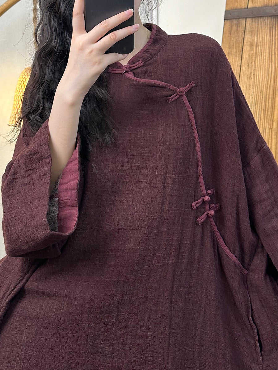 Women Vintage Autumn Solid Linen Cotton Robe Dress