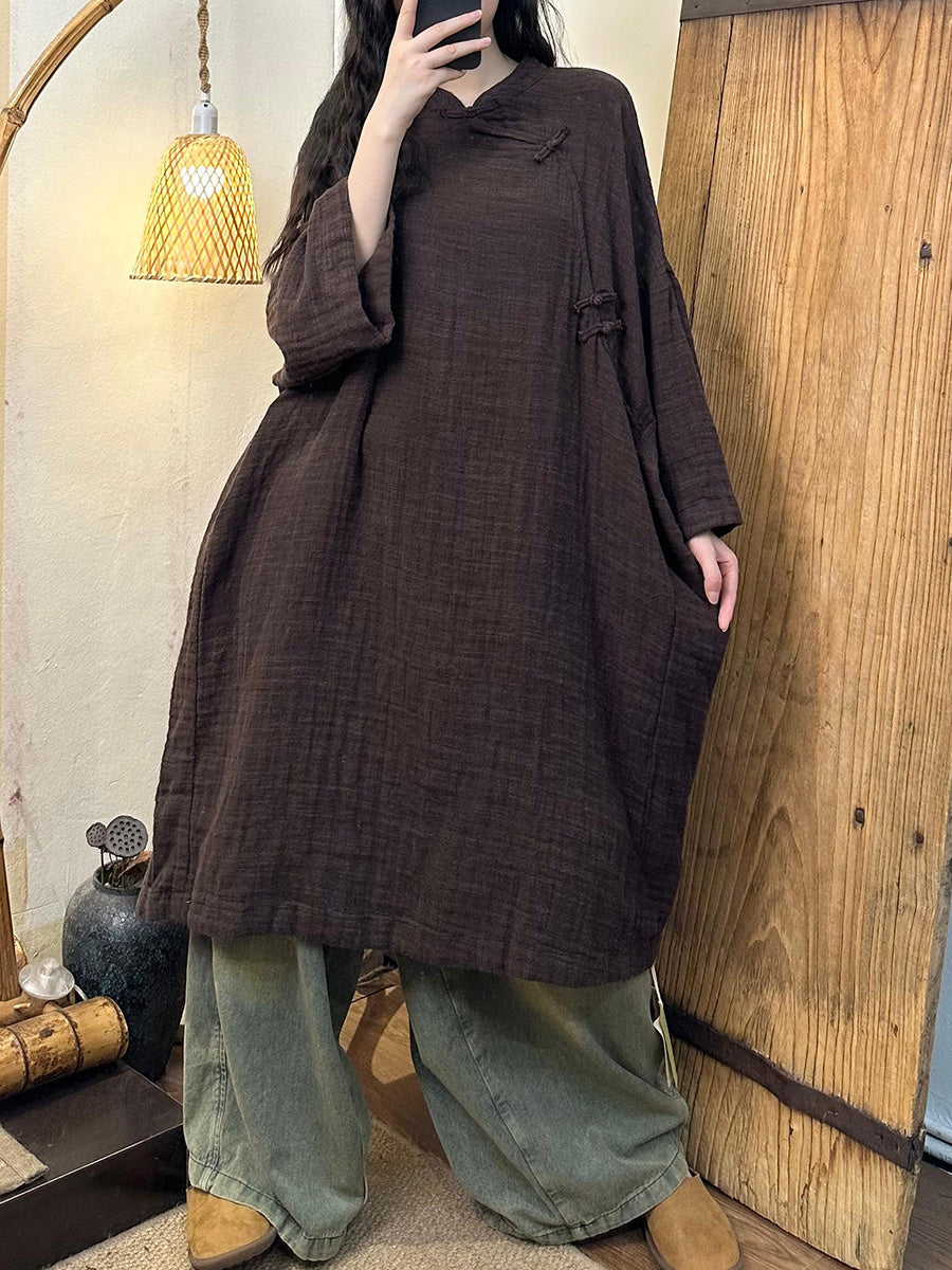 Women Vintage Autumn Solid Linen Cotton Robe Dress