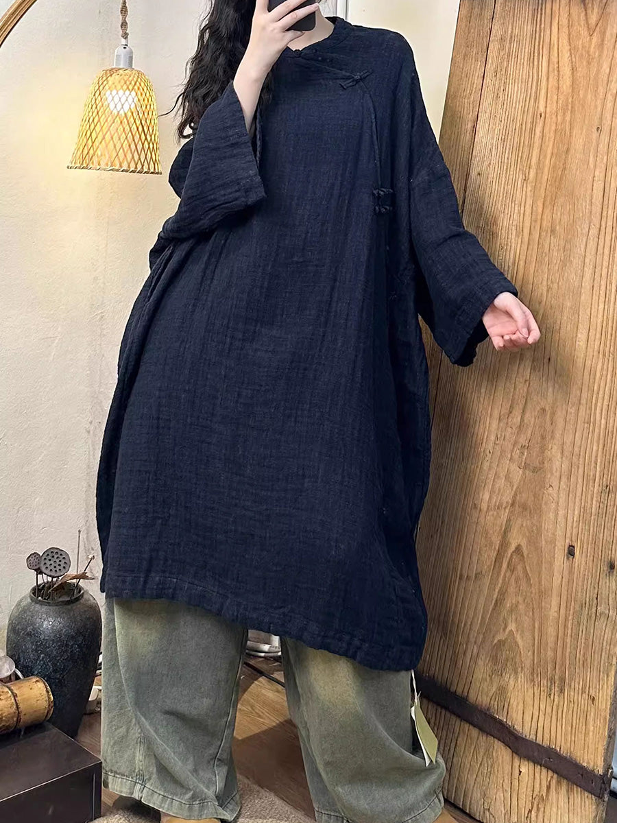 Women Vintage Autumn Solid Linen Cotton Robe Dress