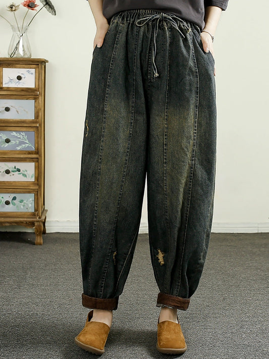 Women Autumn Retro Frayed Denim Spliced Harem Pants