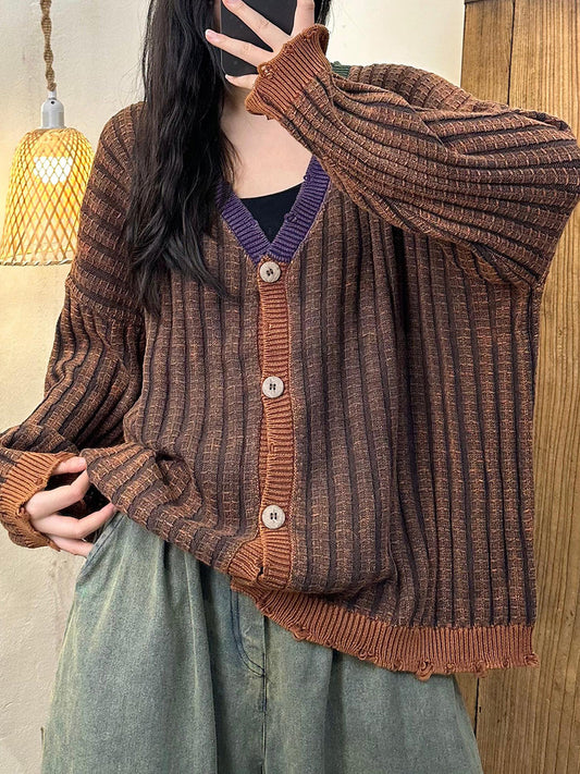 Women Artsy Autumn Colorblock Knit Cardigan Sweater Coat