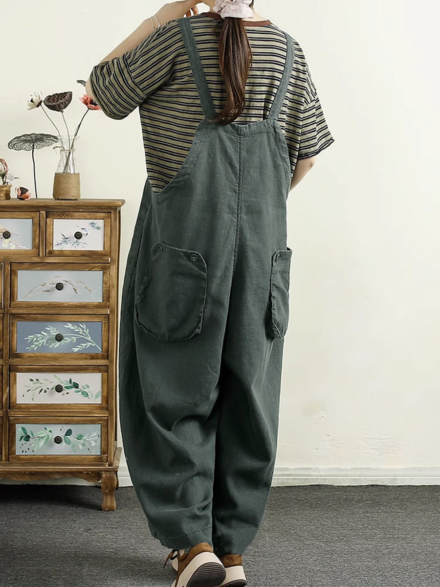 Plus Size Women Retro Solid 100%Linen Loose Jumpsuit