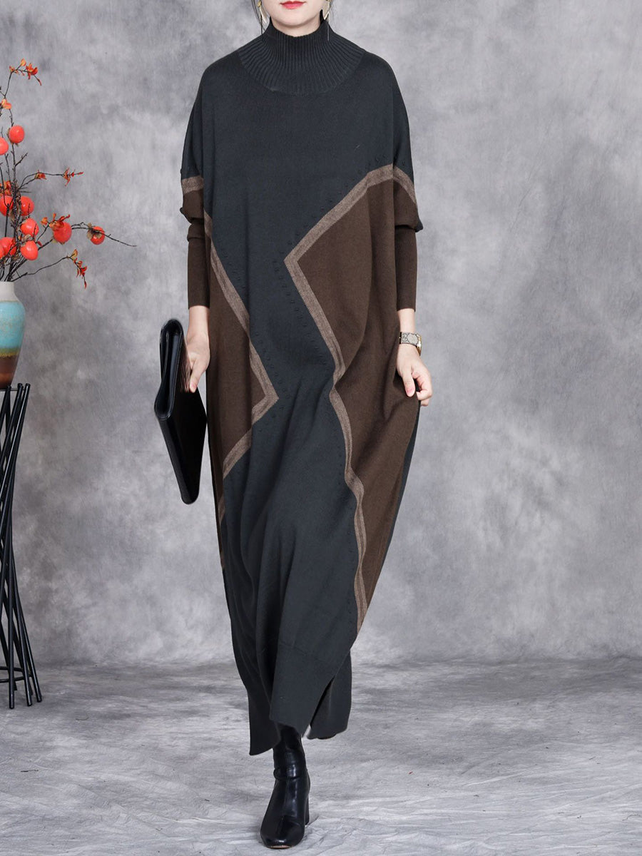 Women Autumn Colorblock Half-Turtleneck Knit Dress