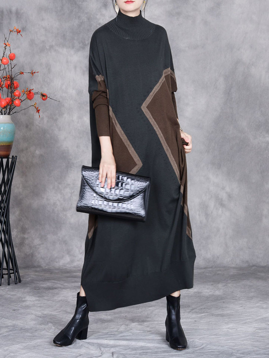 Women Autumn Colorblock Half-Turtleneck Knit Dress