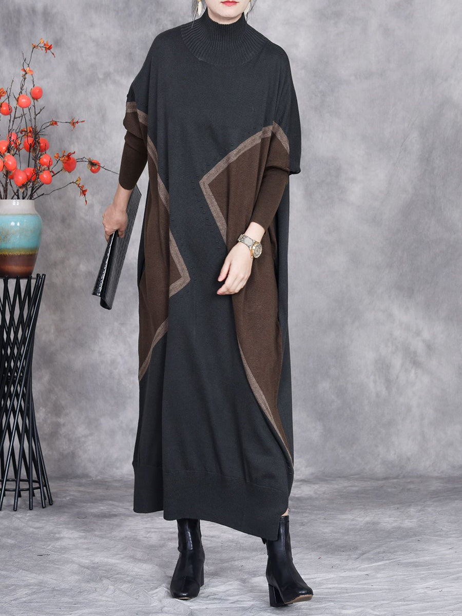 Women Autumn Colorblock Half-Turtleneck Knit Dress