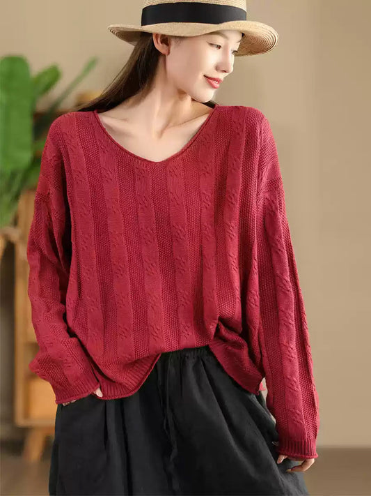 Women Artsy Autumn Cotton V-Neck Knit Sweater