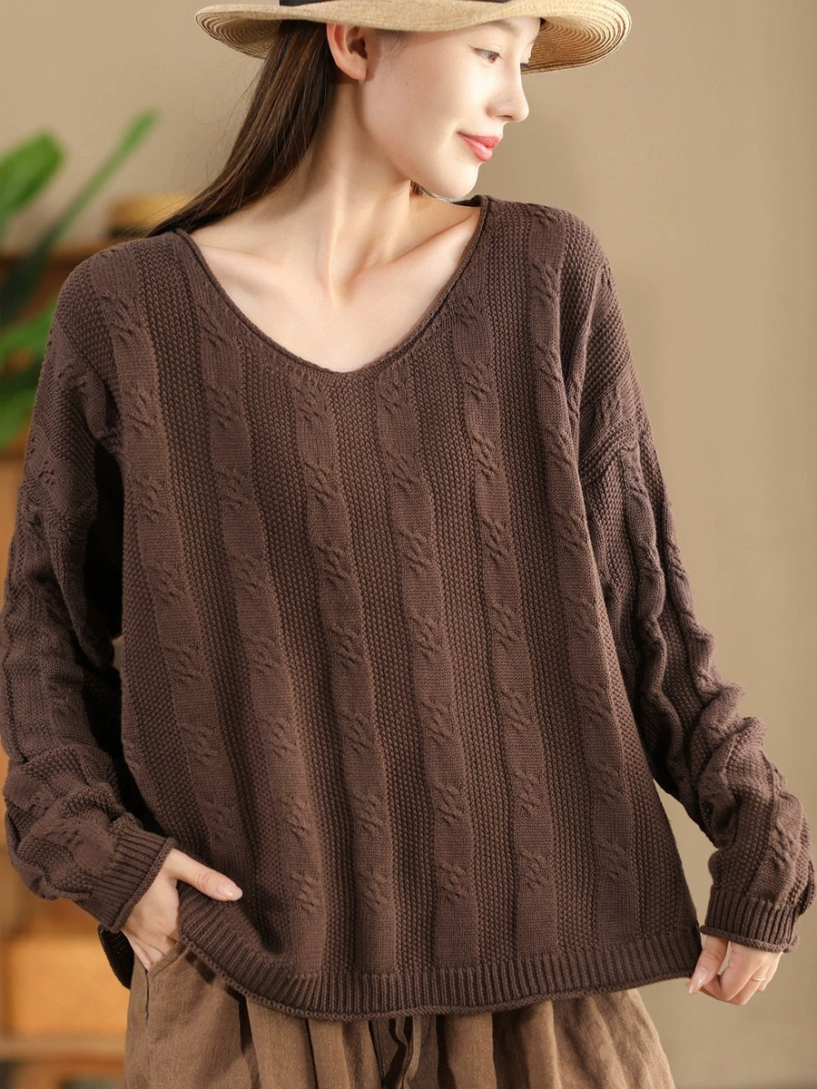 Women Artsy Autumn Cotton V-Neck Knit Sweater