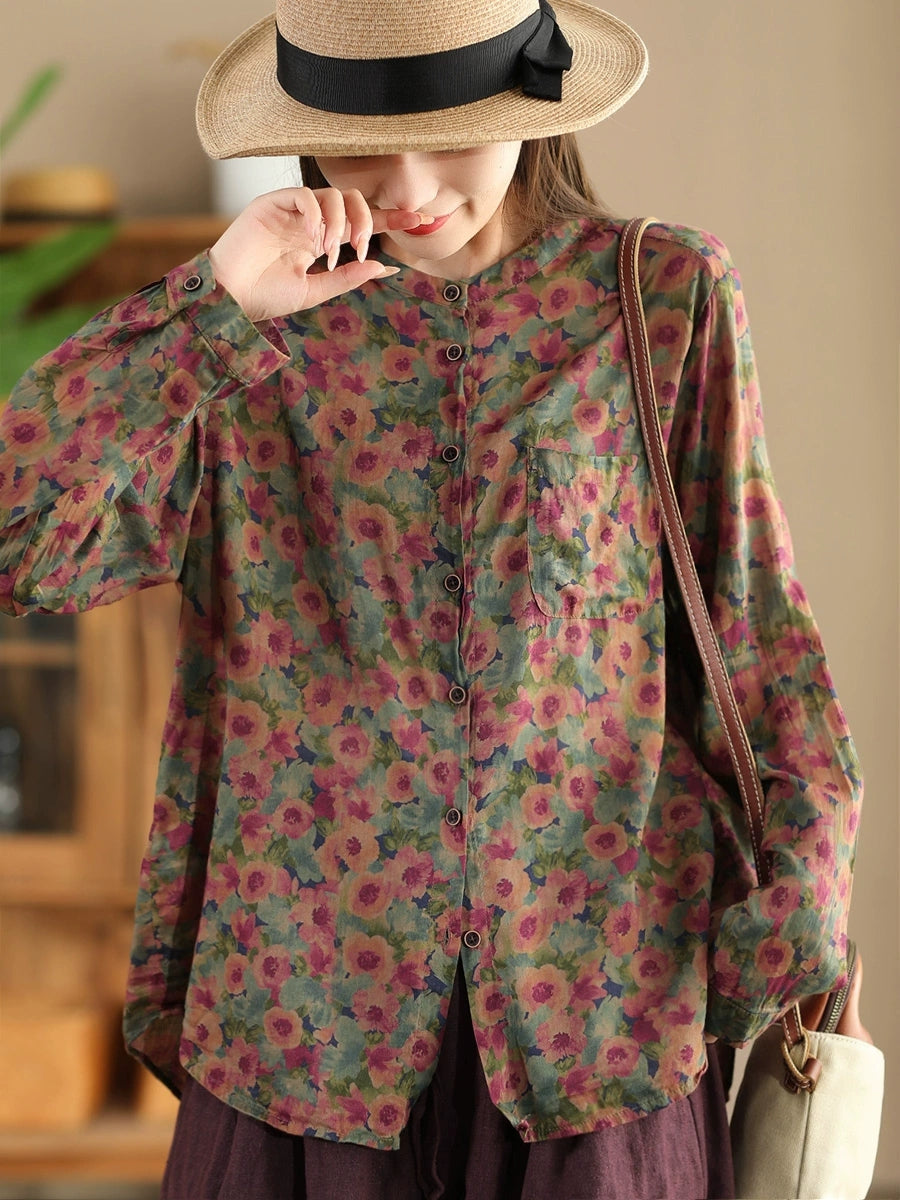 Women Autumn Vintage Flower Button-up Cotton Blouse