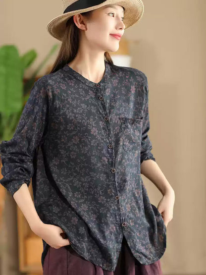 Women Autumn Vintage Flower Button-up Cotton Blouse