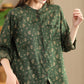 Women Autumn Vintage Flower Button-up Cotton Blouse