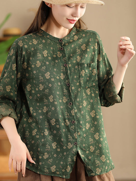 Women Autumn Vintage Flower Button-up Cotton Blouse